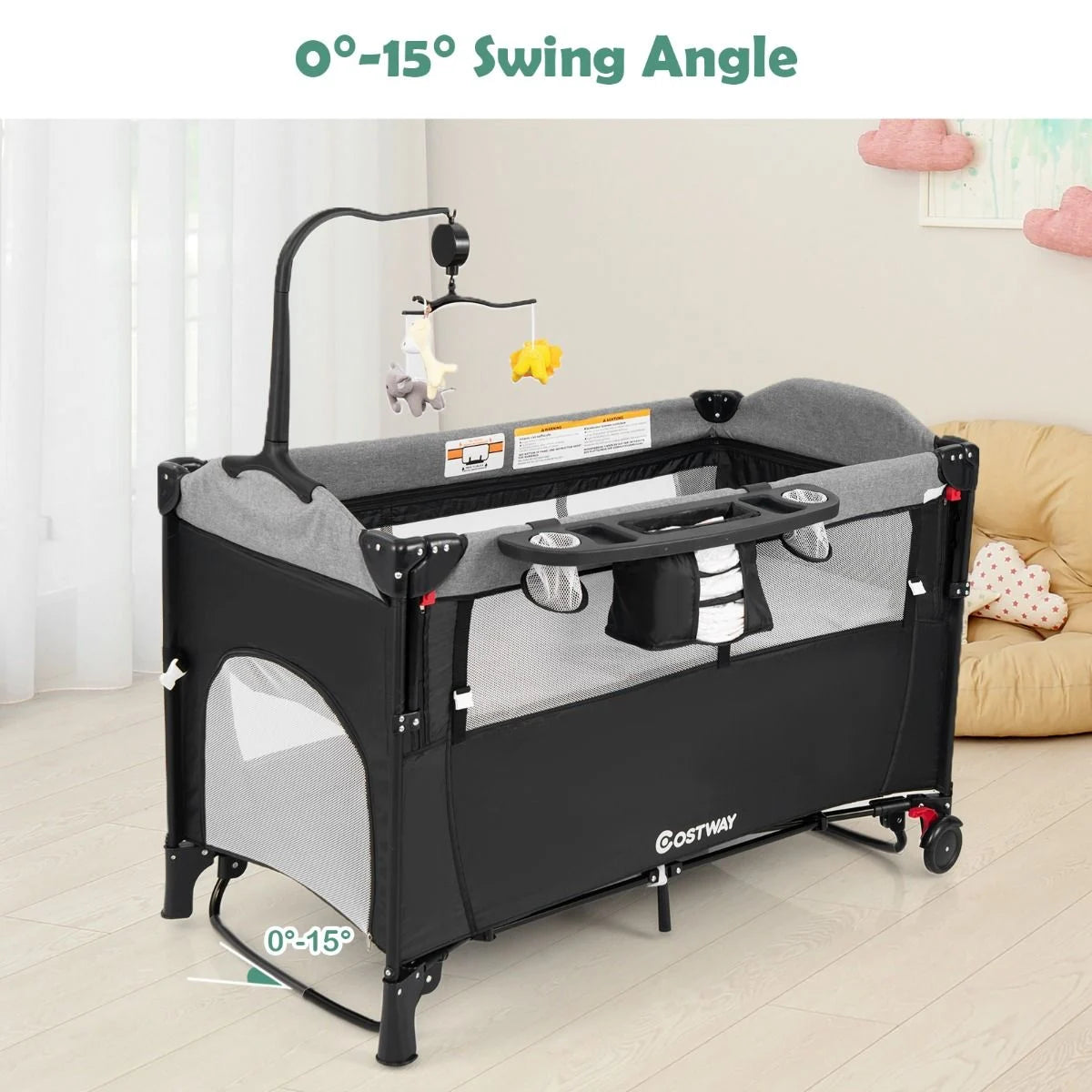 Livoshop 5-in-1 baby bassinet bedside sleeper with diaper changer, hanging toys, and soft bedding for infant comfort.