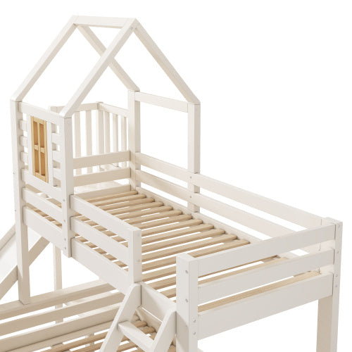 Kids Wooden Cabin Bunk Bed with Ladder & Slide – White Treehouse Design