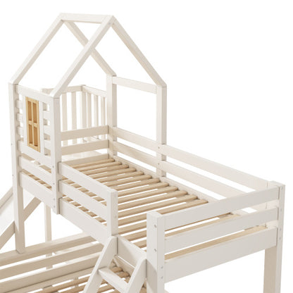 Kids Wooden Cabin Bunk Bed with Ladder & Slide – White Treehouse Design