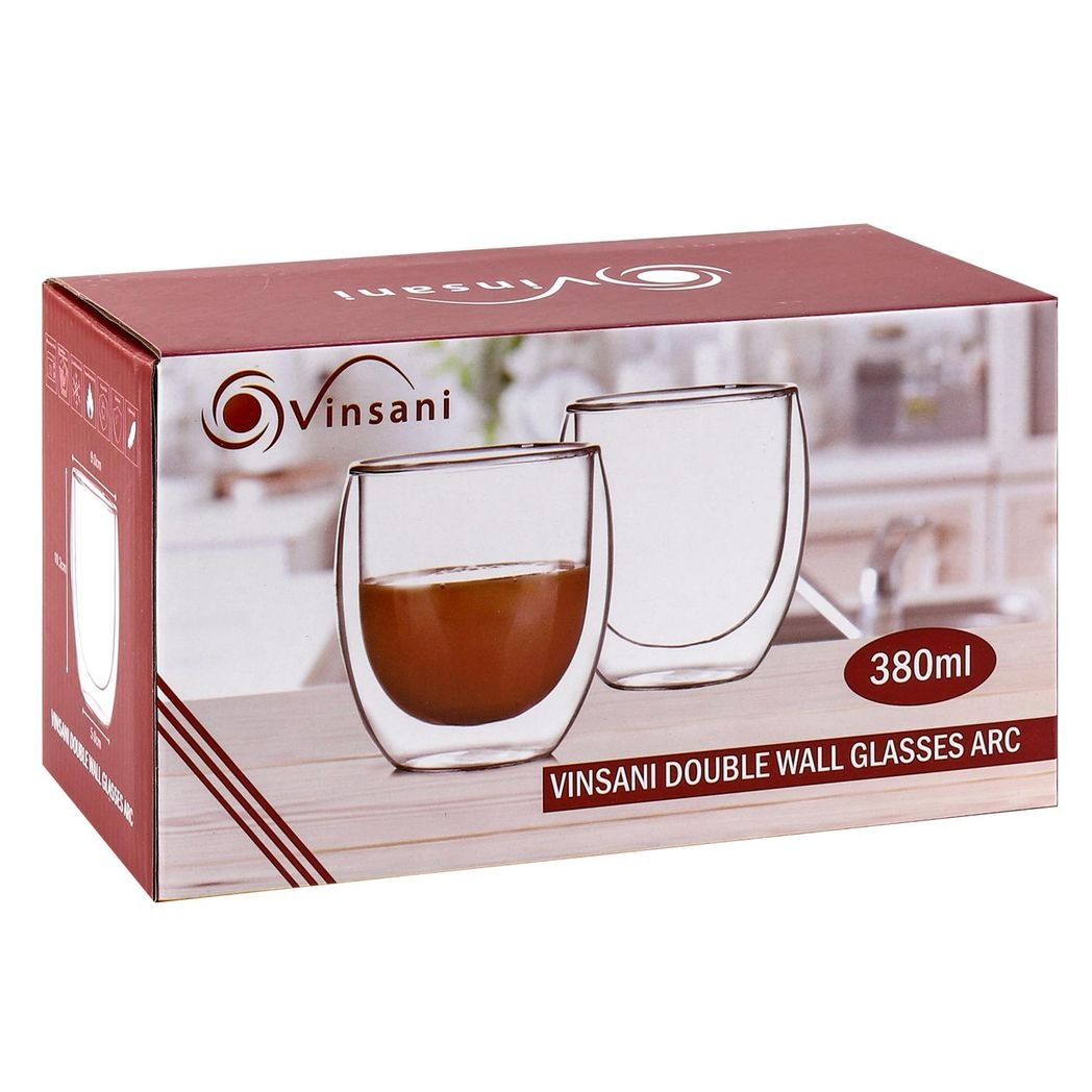 Set of two Vinsani double wall glasses with 380ml capacity, showing clear glass construction and sleek design.