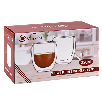 Set of two Vinsani double wall glasses with 380ml capacity, showing clear glass construction and sleek design.
