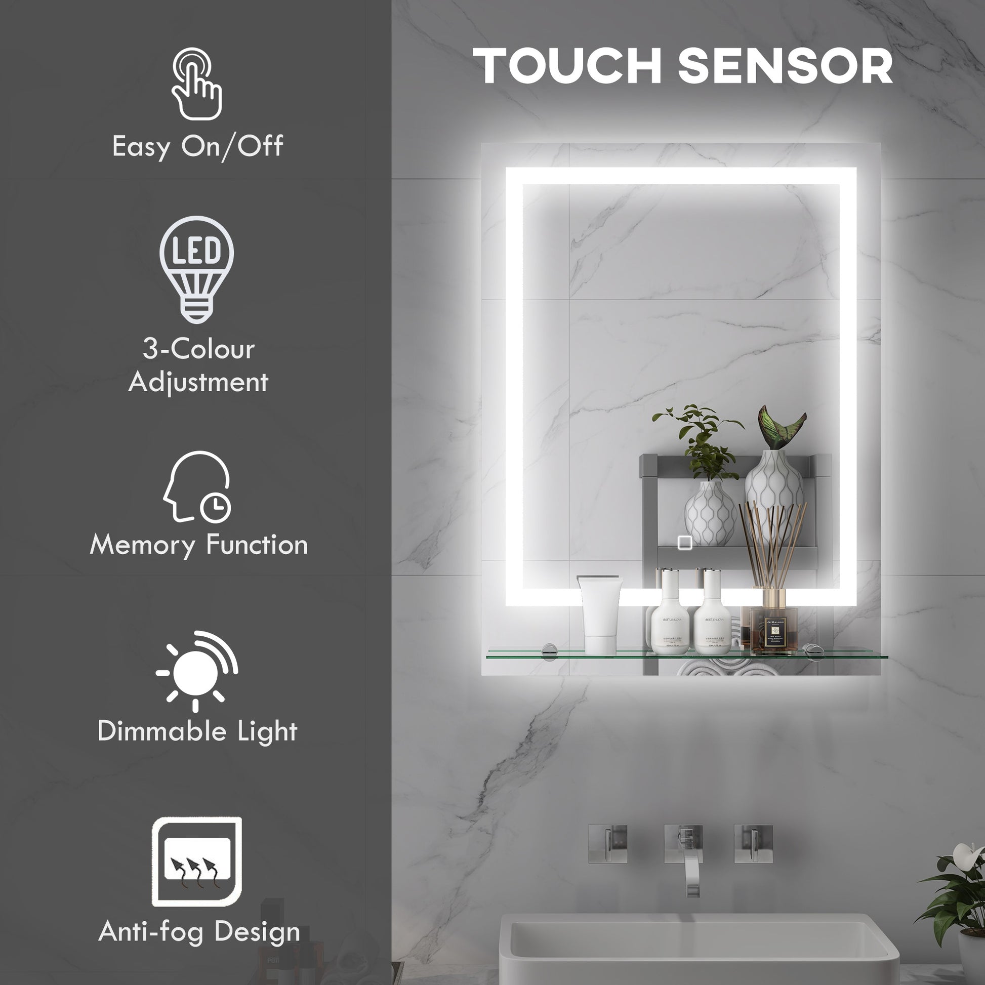 HOMCOM Kleankin large bathroom vanity mirror with lights, adjustable brightness, touch control, shelf, and anti-fog feature.