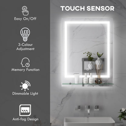 HOMCOM Kleankin large bathroom vanity mirror with lights, adjustable brightness, touch control, shelf, and anti-fog feature.