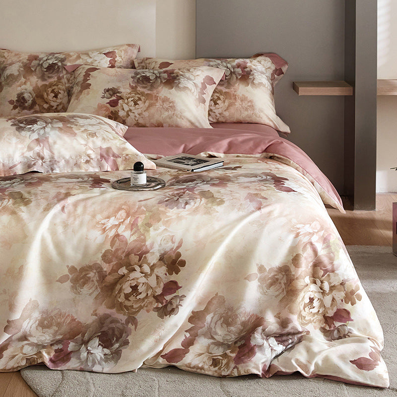 HOMCOM Flower Tencel digital printed four-piece bedding set with floral design on soft fabric for bedroom decor