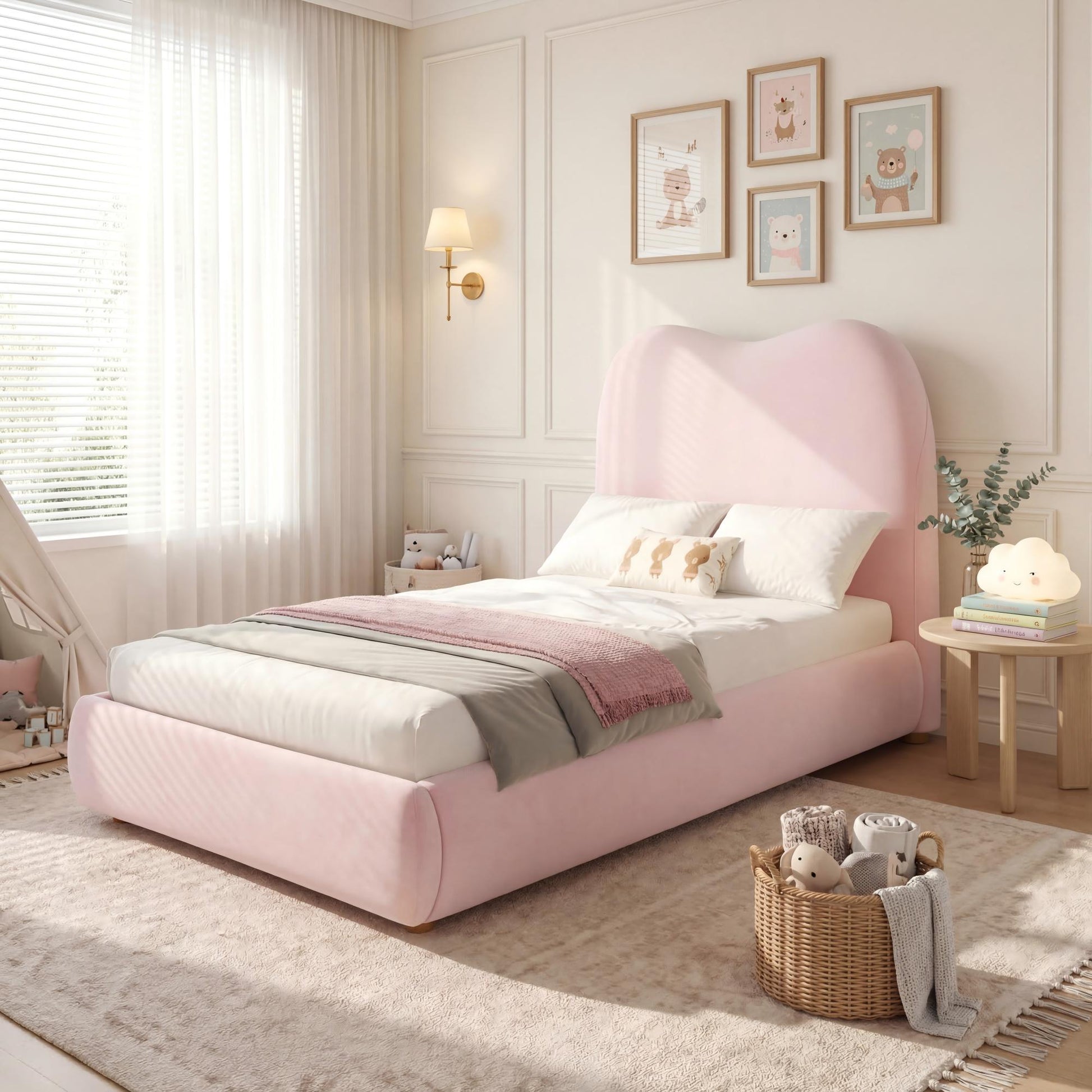 Pink velvet upholstered single children's bed with headboard, hydraulic storage, and large under-bed space by HOMCOM.