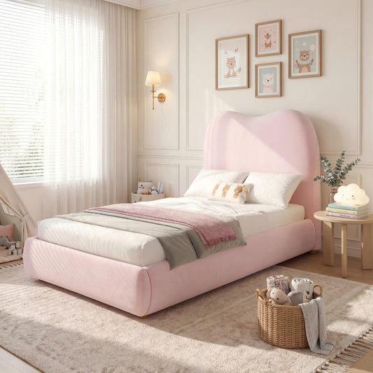 Pink velvet upholstered single children's bed with headboard, hydraulic storage, and large under-bed space by HOMCOM.