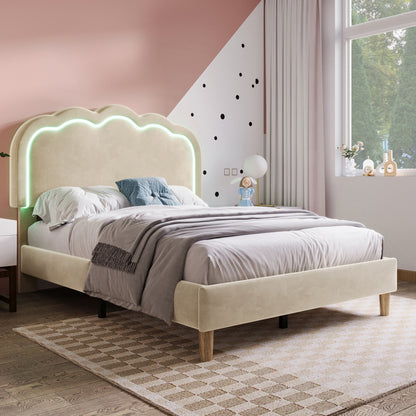 HOMCOM beige velvet upholstered single bed with LED lighting, wooden slats, adjustable headboard, ideal for teen or guest bedroom
