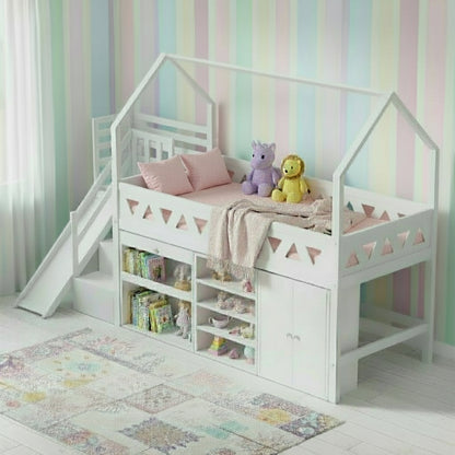 White children's bed with slide and storage space on a white background