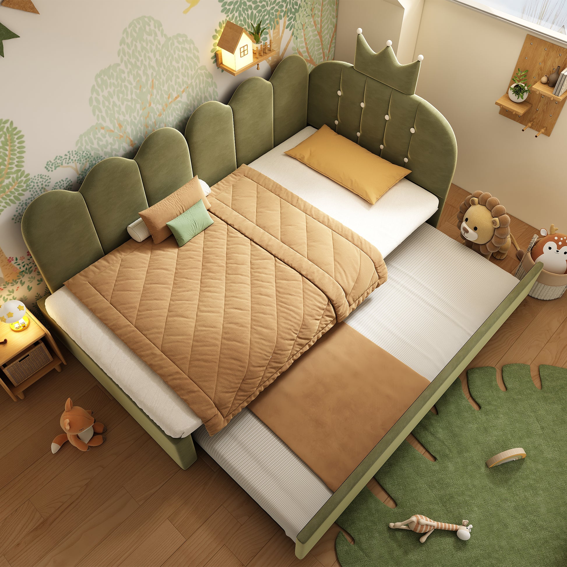 HOMCOM green velvet upholstered daybed with crown-shaped trundle, pull-out bed, metal slatted frame, suitable for adults and children.