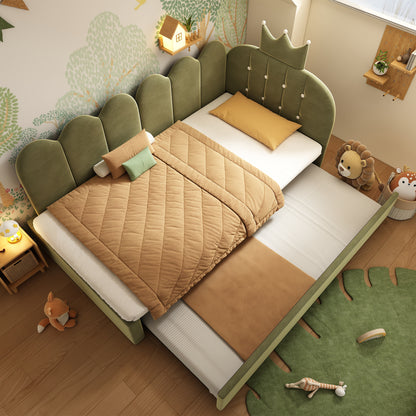HOMCOM green velvet upholstered daybed with crown-shaped trundle, pull-out bed, metal slatted frame, suitable for adults and children.