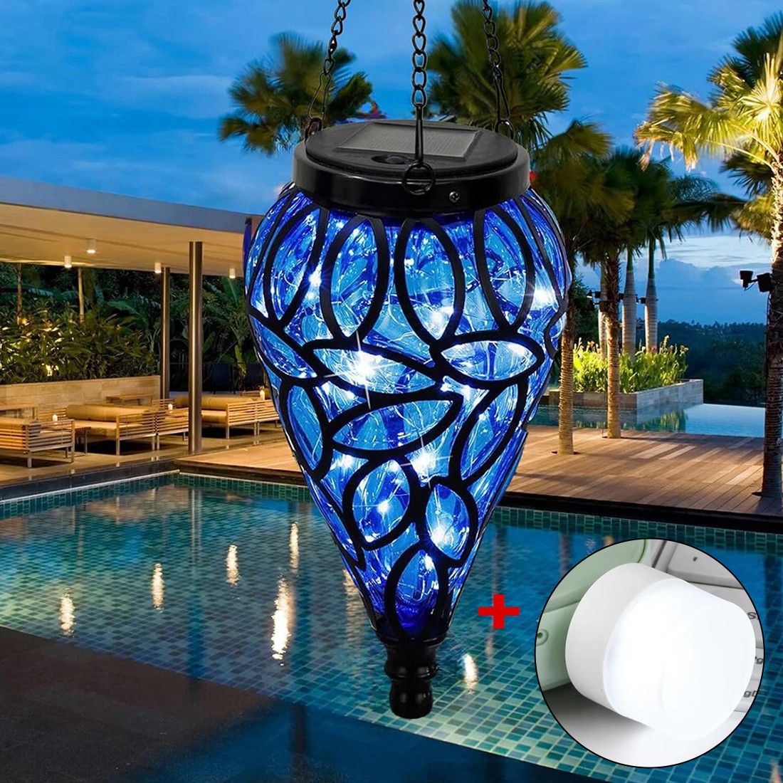 HOMCOM outdoor garden solar-powered LED lantern hanging yard decoration light with a decorative design and illuminated glow.