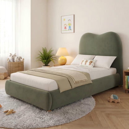 Green upholstered single children's bed with velvet headboard, hydraulic storage, and large under-bed space from HOMCOM.