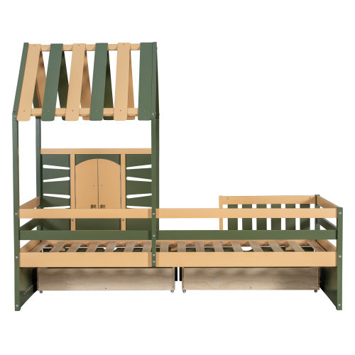 Kids Wooden Bed with Roof & Window Design – Green & Natural with Storage Drawers