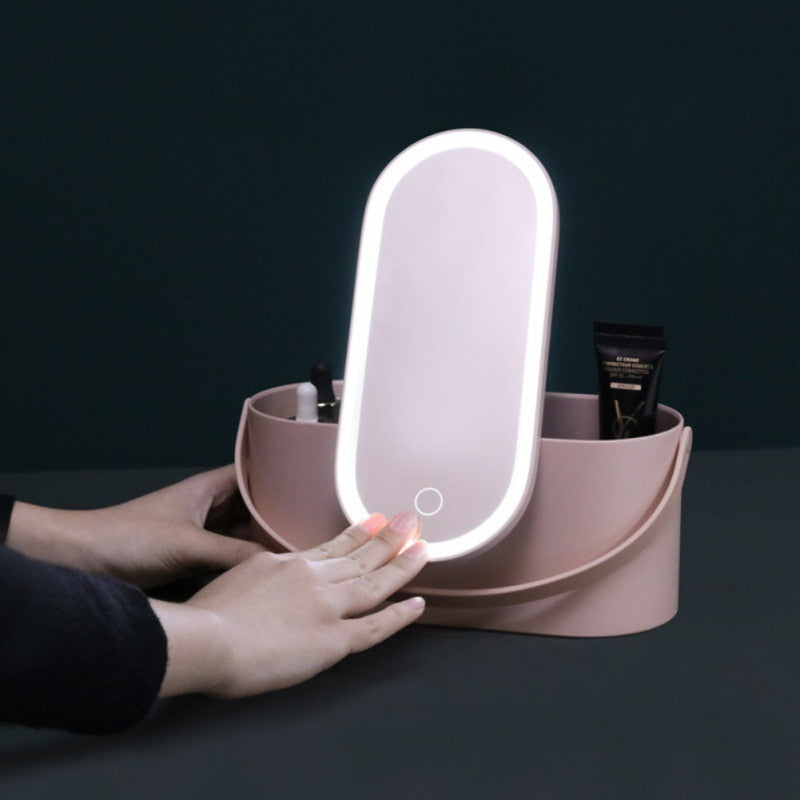 eprolo portable makeup case with built-in LED mirror and storage compartments, ideal for travel cosmetic organization