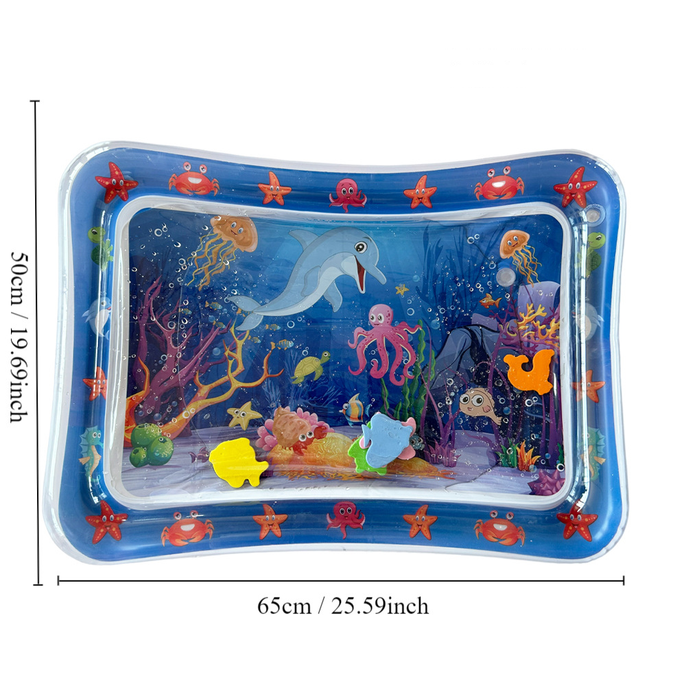 Baby inflatable water play mat with ocean design from eprolo, featuring colorful underwater scene and crawling area for infants.