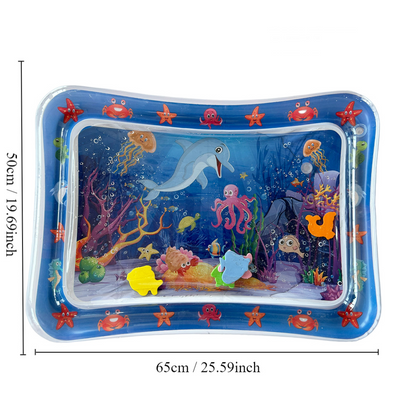 Baby inflatable water play mat with ocean design from eprolo, featuring colorful underwater scene and crawling area for infants.
