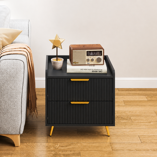 Pair of black HOMCOM bedside tables with two drawers each, modern bedroom storage furniture set.