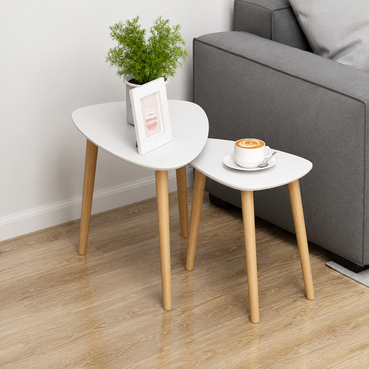 Pair of HOMCOM Scandinavian nesting coffee tables with light grey surfaces and solid wood legs, ideal for living room or bedroom decor.