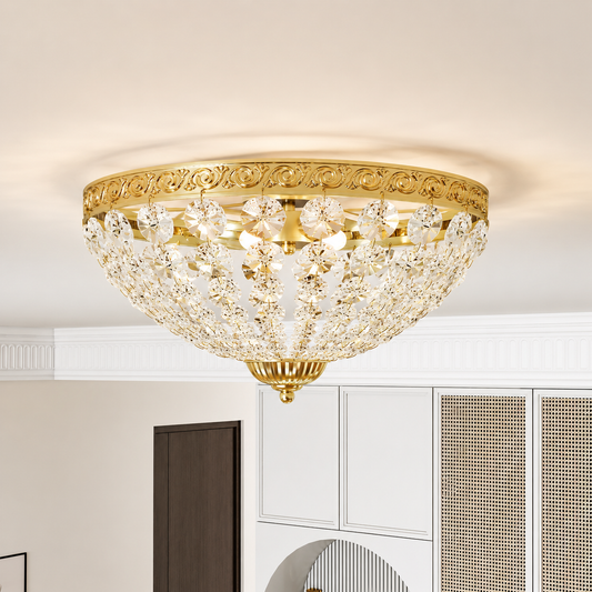 HOMCOM crystal chandelier ceiling light with 168 octagonal beads, vintage gold-tone 2-light flush mount for living room or bedroom.
