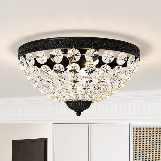HOMCOM crystal chandelier ceiling light with 168 octagonal beads, vintage 2-light flush mount for living room or bedroom in black.