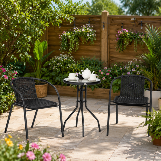 Outsunny 3-piece garden furniture set with black stackable chairs and a matching table, ideal for outdoor patio or garden seating.
