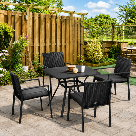 Outsunny black 4-seater rattan garden dining set with table, chairs, and umbrella hole for outdoor use