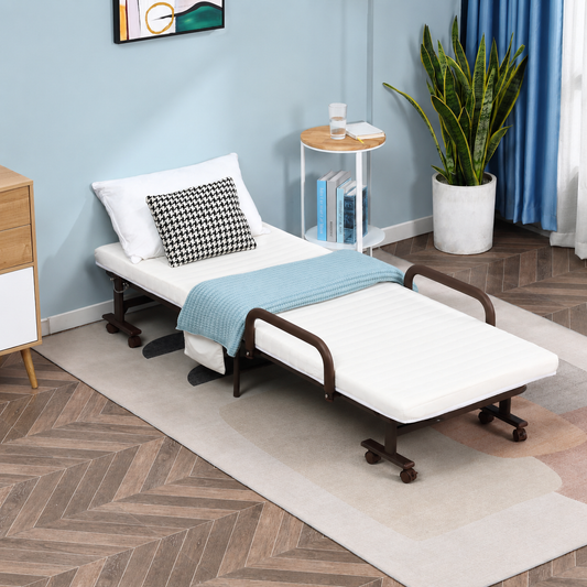 Brown folding bed with mattress, wheels, and adjustable backrest, providing portable and versatile sleeping or resting solution.