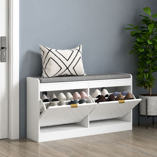 HOMCOM white shoe bench with cushioned seat and two flip drawers, holds 8 pairs of shoes, ideal for entryway storage.