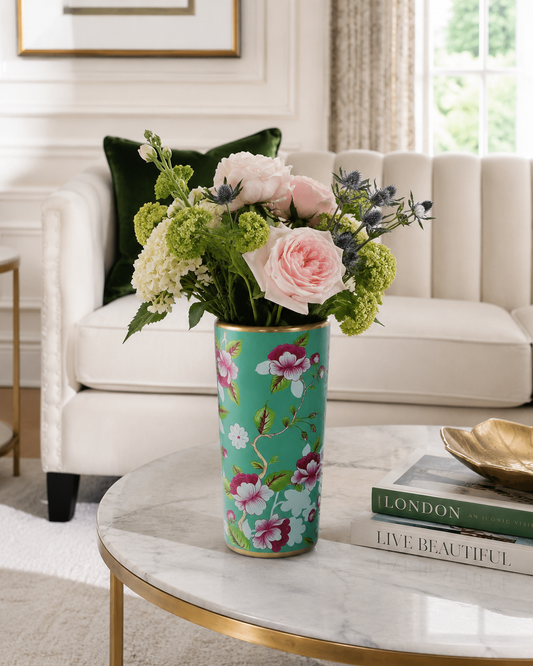 Hand-finished floral ceramic umbrella stand by MSL, vintage decorative holder and vase with intricate floral design.