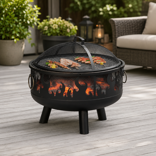Outsunny 61.5cm 2-in-1 outdoor fire pit and firewood BBQ garden cooker with a metal design and cooking grate.