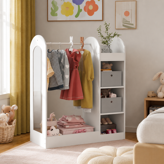 AIYAPLAY kids cloth rail with storage shelf, boxes, and mirror, ideal for organizing clothes and accessories in a child's bedroom.