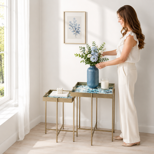 Art Deco nesting side tables with gold frame and marble effect tops