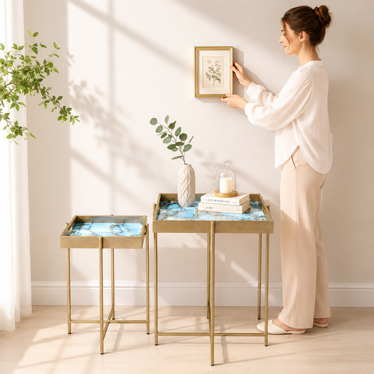 Set of 2 MSL Art Deco gold nesting side tables with floral marble-effect square tops, stylish and decorative for living spaces.