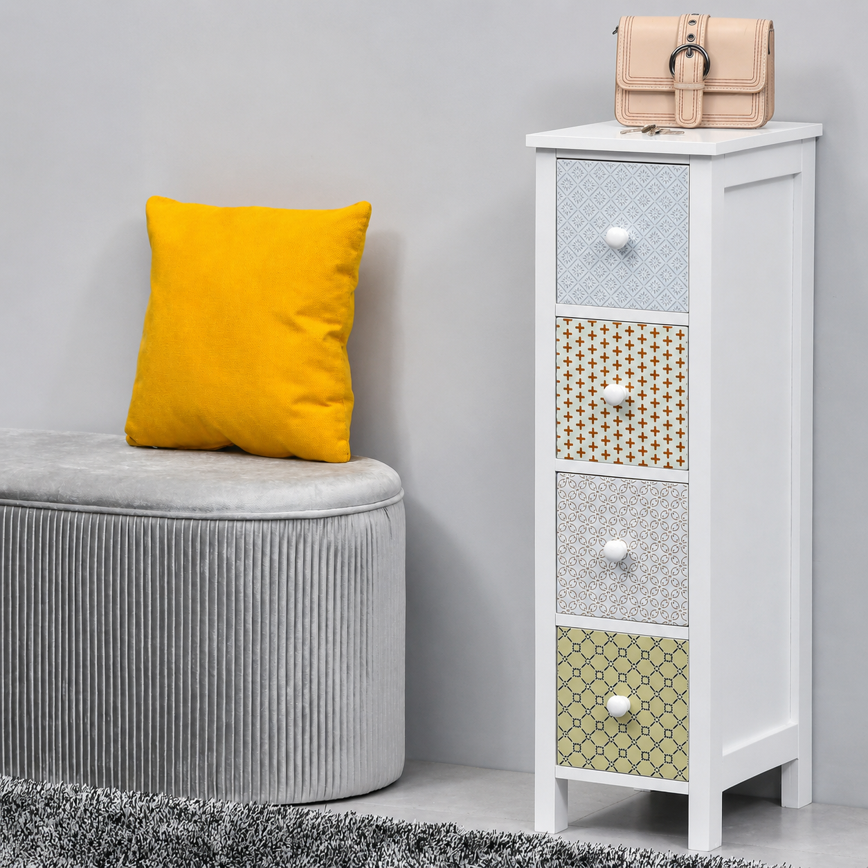 HOMCOM 4-drawer bathroom storage chest with sleek white finish, ideal for bedroom organization and space-saving storage.