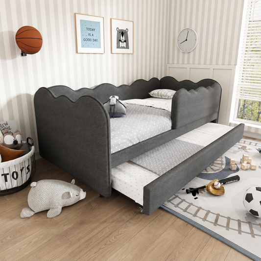 Grey upholstered HOMCOM daybed with pull-out trundle, 3ft single sofa bed suitable for adults and children, modern design.
