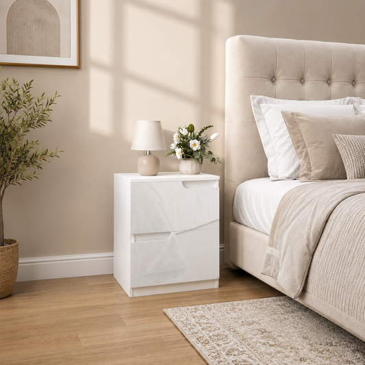 White HOMCOM modern bedside table with two drawers, ideal for bedroom or living room storage and stylish decor.