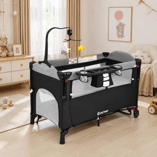 The Livoshop 5-in-1 baby bassinet bedside sleeper with a diaper changer, hanging toys, and soft bedding for infant comfort.