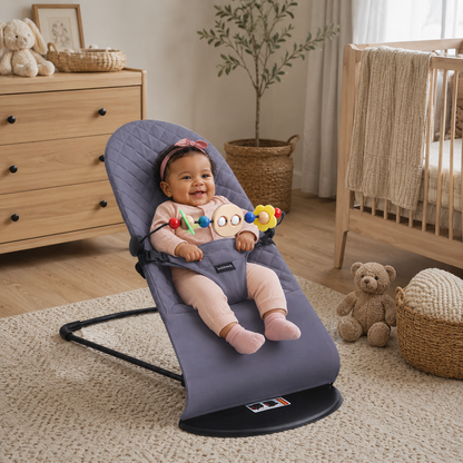 Baby in a gray bouncer in a nursery setting with toys and furniture.