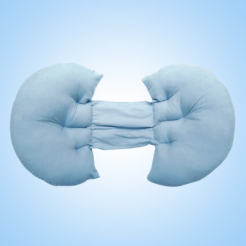 U-shaped pregnancy pillow from eprolo providing full body maternity support, shown in a cozy bedroom setting.