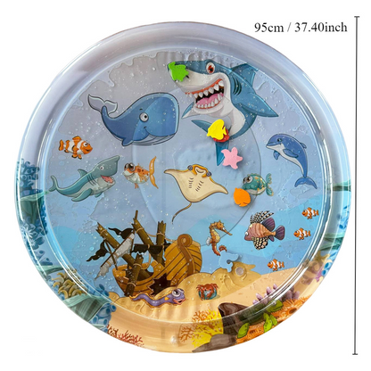 Eprolo baby inflatable water play mat with ocean-themed design, featuring colorful aquatic illustrations for fun crawling and water play.
