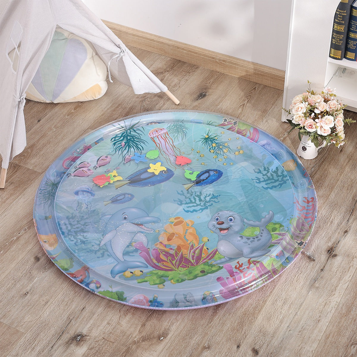 Baby inflatable water play mat featuring ocean-themed crawling toys, designed for infants to enjoy aquatic fun.