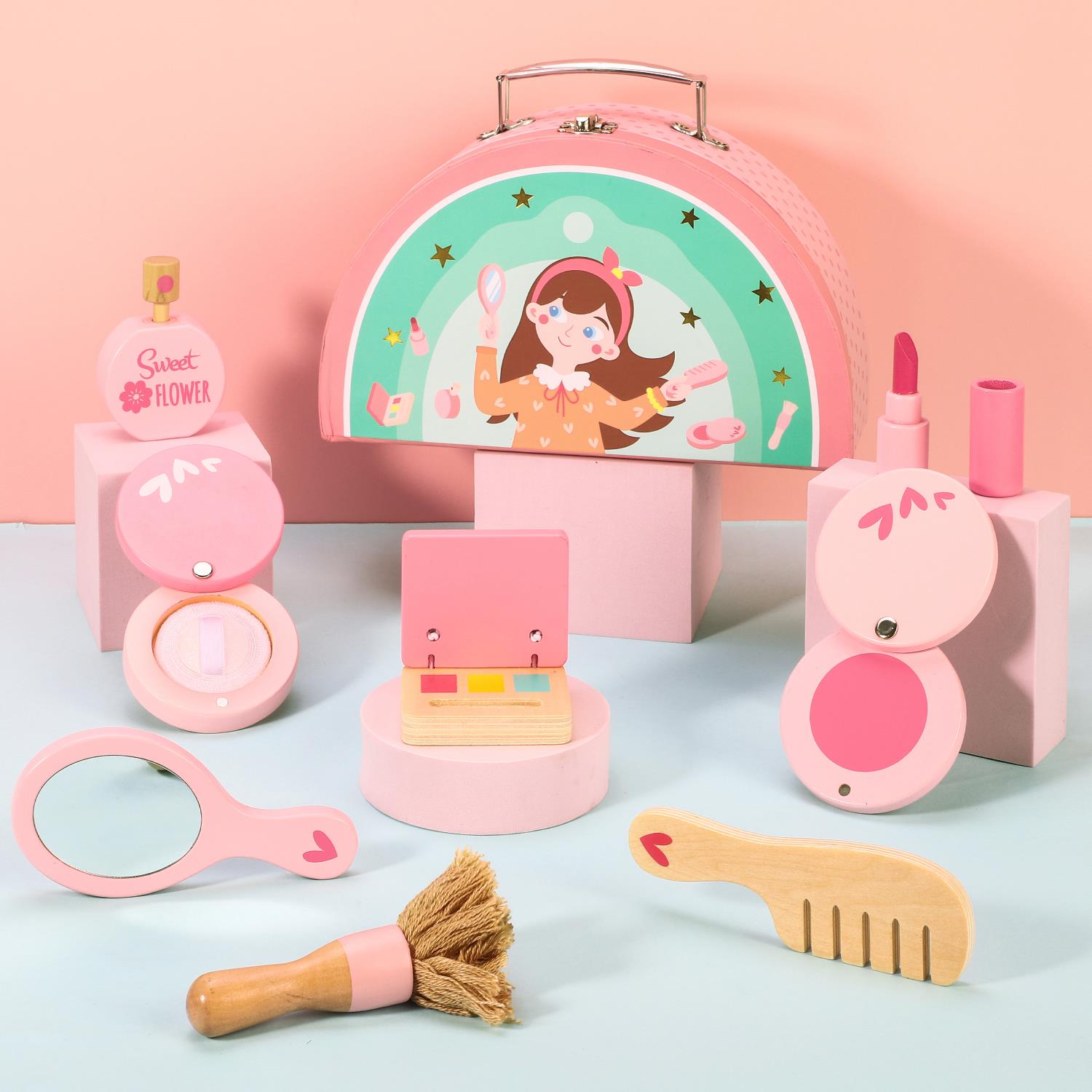 SOKA Play Imagine Learn My Makeup Bag in vibrant colors, with compartments and accessories for kids' pretend makeup play.