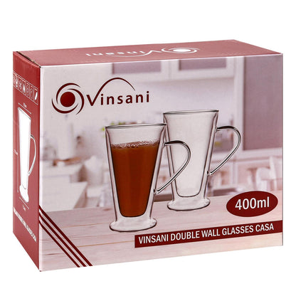 Set of 2 VINSANI double wall glasses, 400ml capacity, clear glass with sleek design, perfect for hot or cold beverages.