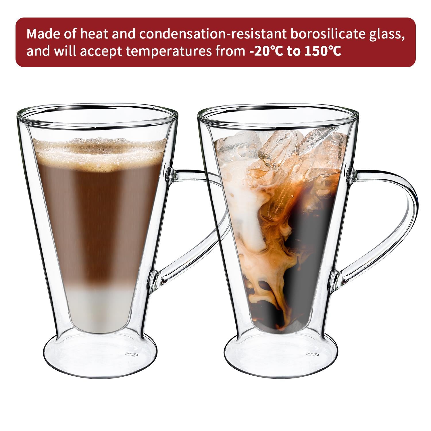 Set of two Vinsani double wall glasses, 400ml capacity, showcasing sleek transparent design for hot and cold beverages.