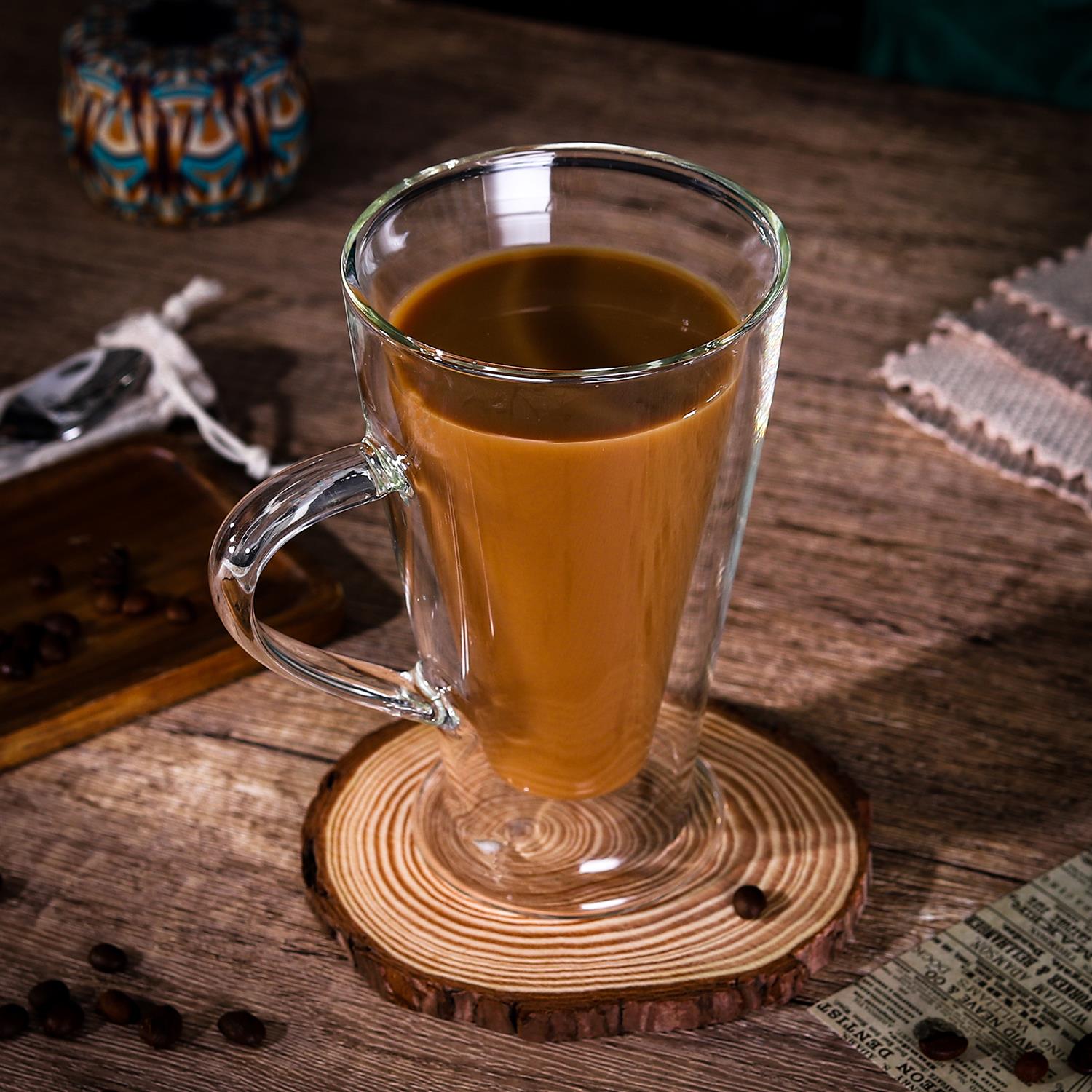Set of two Vinsani double wall glasses, 400ml capacity, showcasing clear glass with double insulation design.