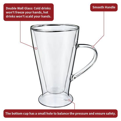 Set of 2 Vinsani double wall glasses, 400ml capacity, showcasing clear glass with insulation design for hot and cold drinks.