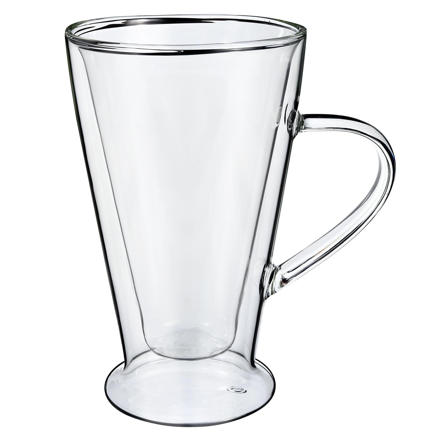 Set of two Vinsani double wall glasses with 400ml capacity, showcasing clear glass design and insulation features.