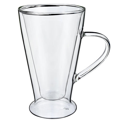 Set of two Vinsani double wall glasses with 400ml capacity, showcasing clear glass design and insulation features.