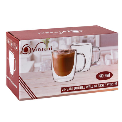 Set of two Vinsani double-walled glasses with 400ml capacity, showcasing clear, insulated glassware on a neutral background.