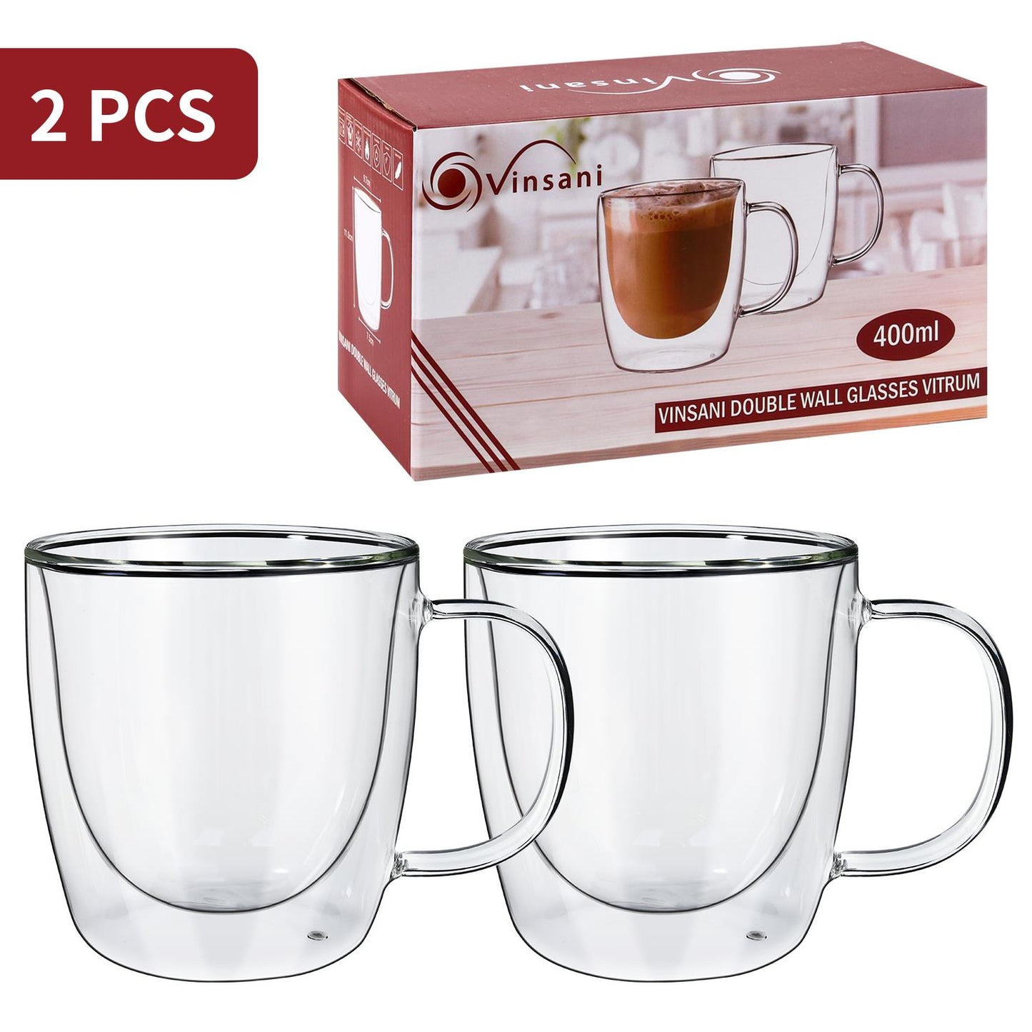 Set of two Vinsani double-walled 400ml glasses with clear glass design, ideal for hot or cold beverages.